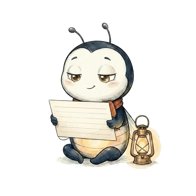 Noli sitting cross-legged, reading a card by lantern light
