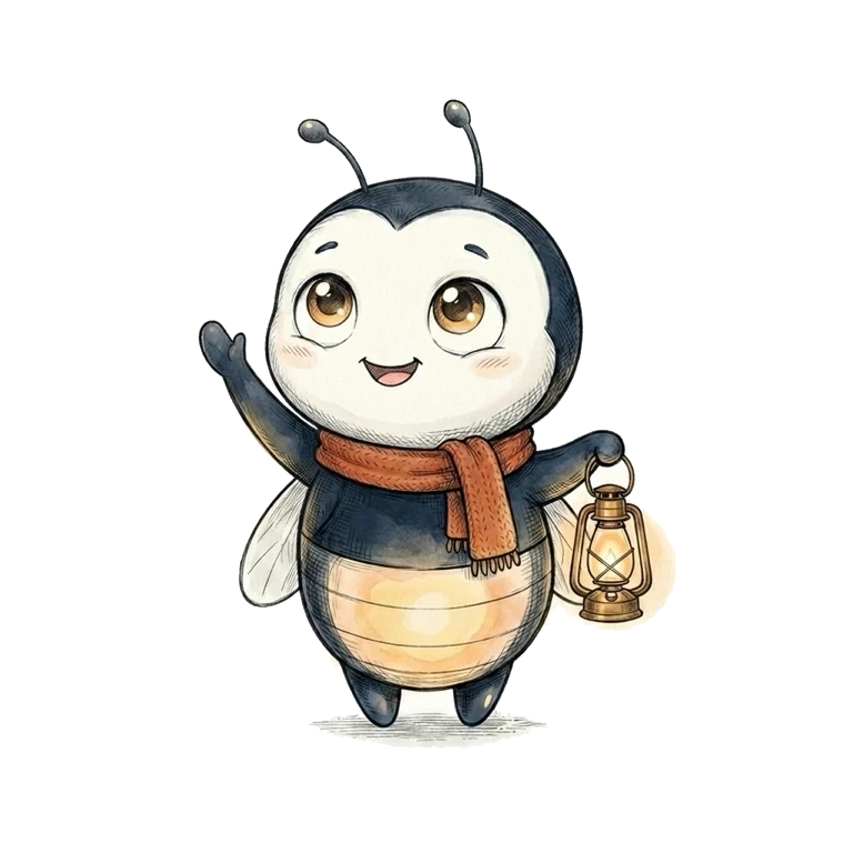 Noli, a firefly with a lantern, waving hello